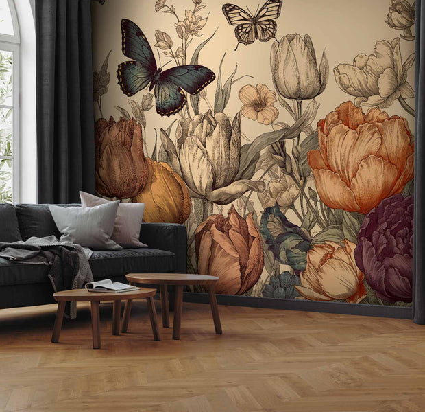 Premium Floral Wall Mural - Colourful Tulips On A Cream Background