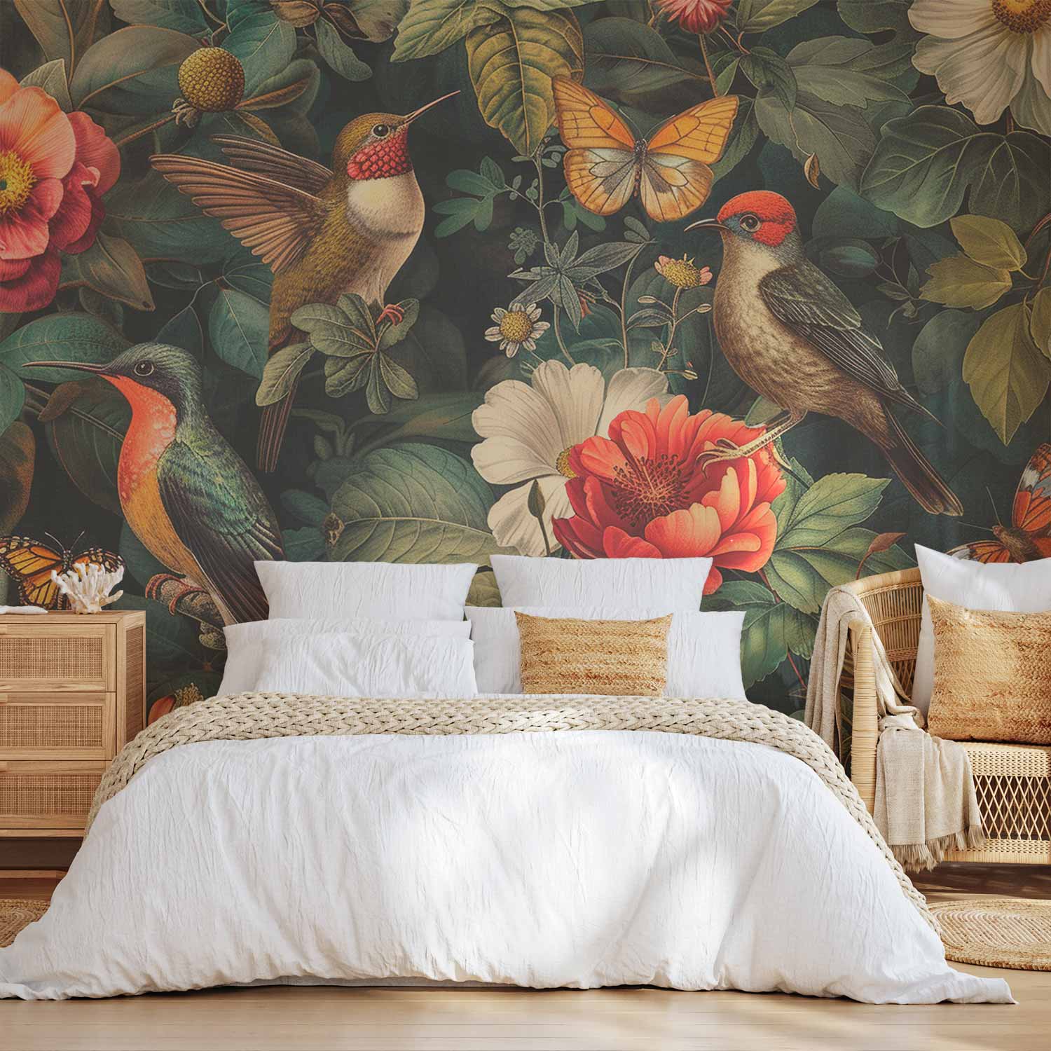 Premium Floral Wall Mural - Flowers, Birds And Butterflies – Vintage-Style Illustration