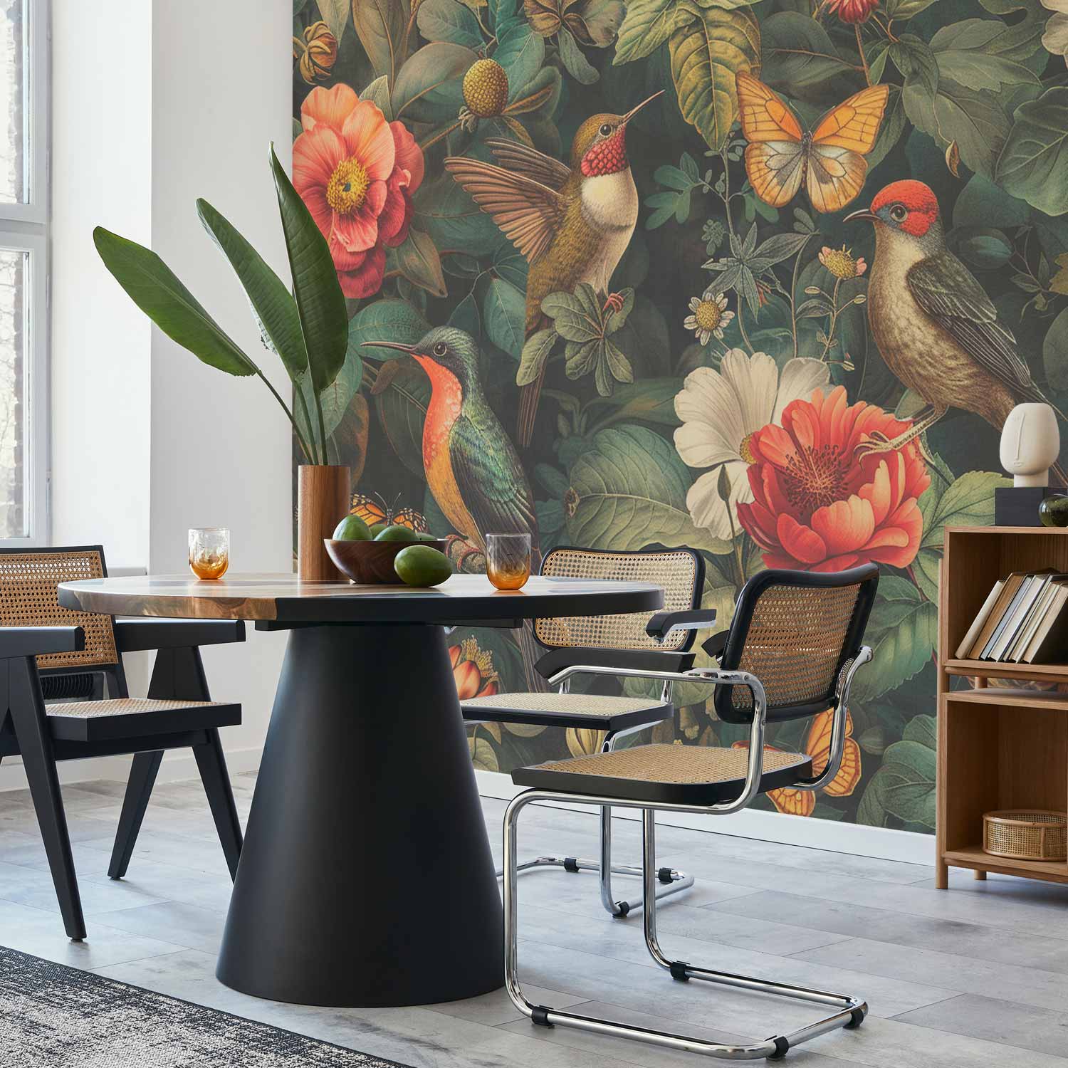 Premium Floral Wall Mural - Flowers, Birds And Butterflies – Vintage-Style Illustration