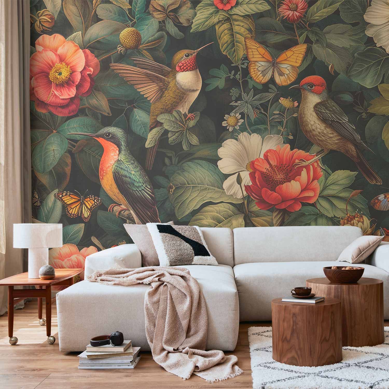 Premium Floral Wall Mural - Flowers, Birds And Butterflies – Vintage-Style Illustration