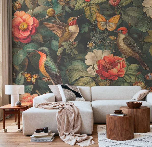Premium Floral Wall Mural - Flowers, Birds And Butterflies – Vintage-Style Illustration
