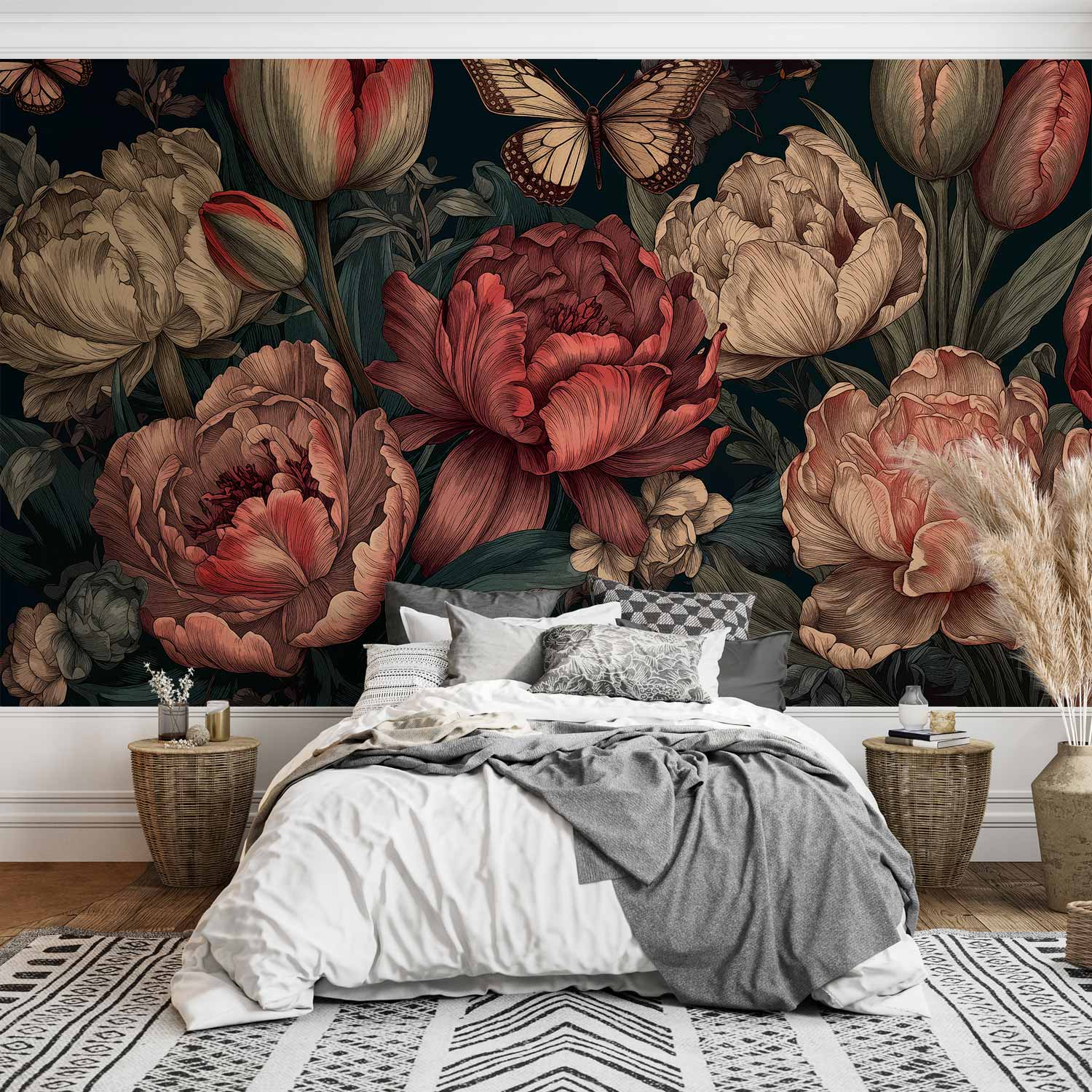 Premium Floral Wall Mural - Flowers On A Turquoise Background