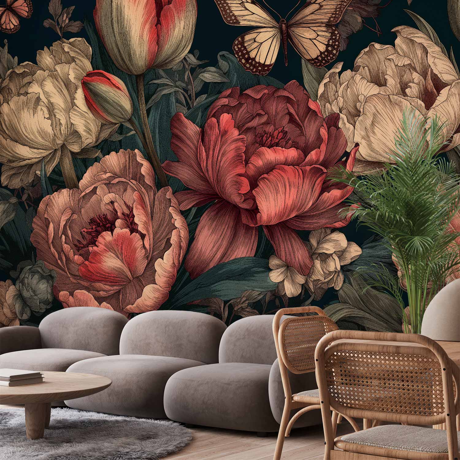 Premium Floral Wall Mural - Flowers On A Turquoise Background