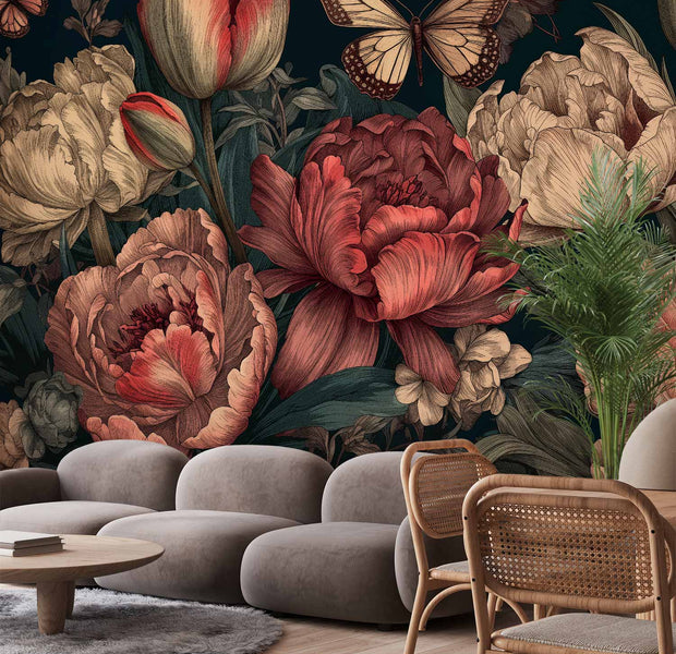 Premium Floral Wall Mural - Flowers On A Turquoise Background