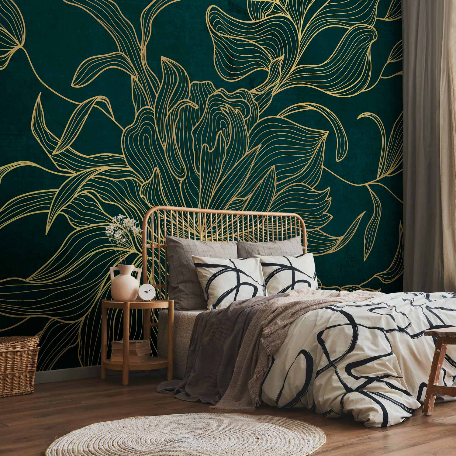 Premium Floral Wall Mural - Green Boudoir - Linear Drawing Of A Flower In Golden Colours On A Dark Background