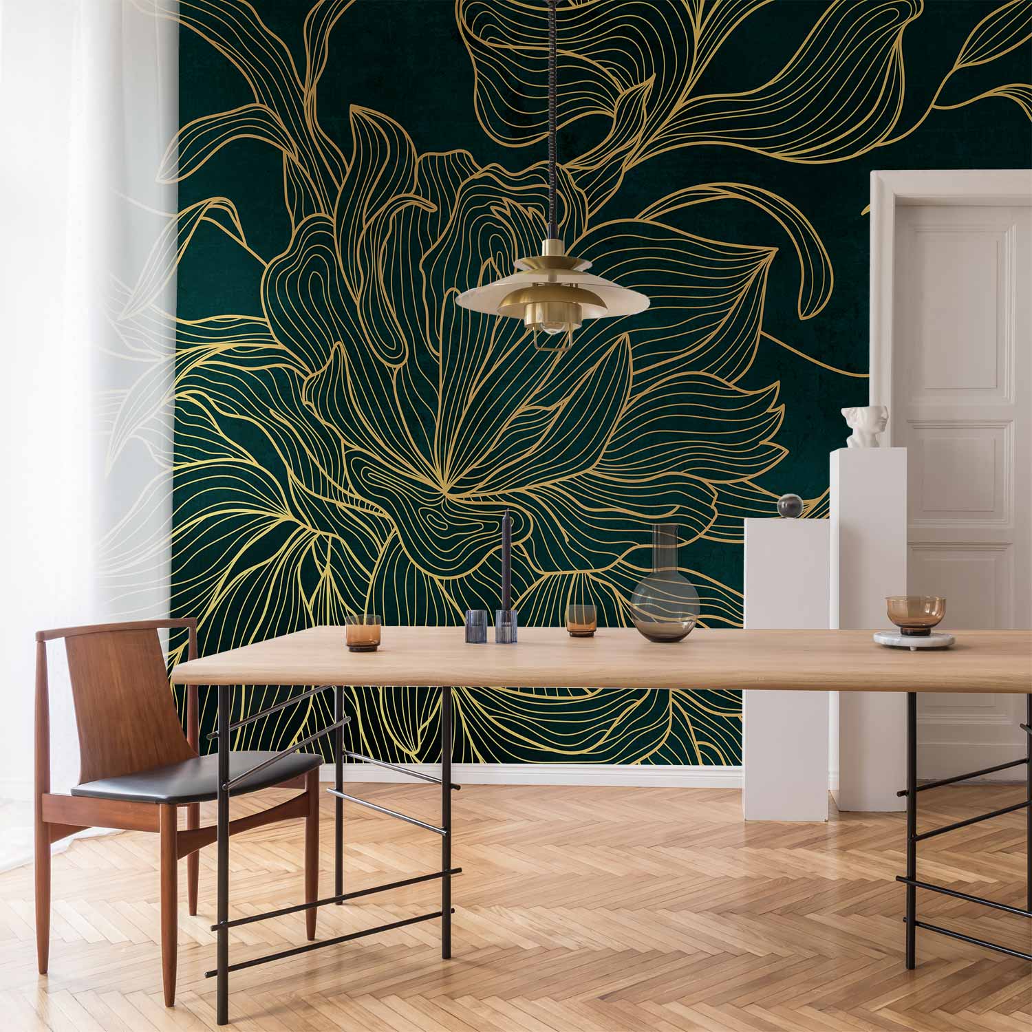 Premium Floral Wall Mural - Green Boudoir - Linear Drawing Of A Flower In Golden Colours On A Dark Background