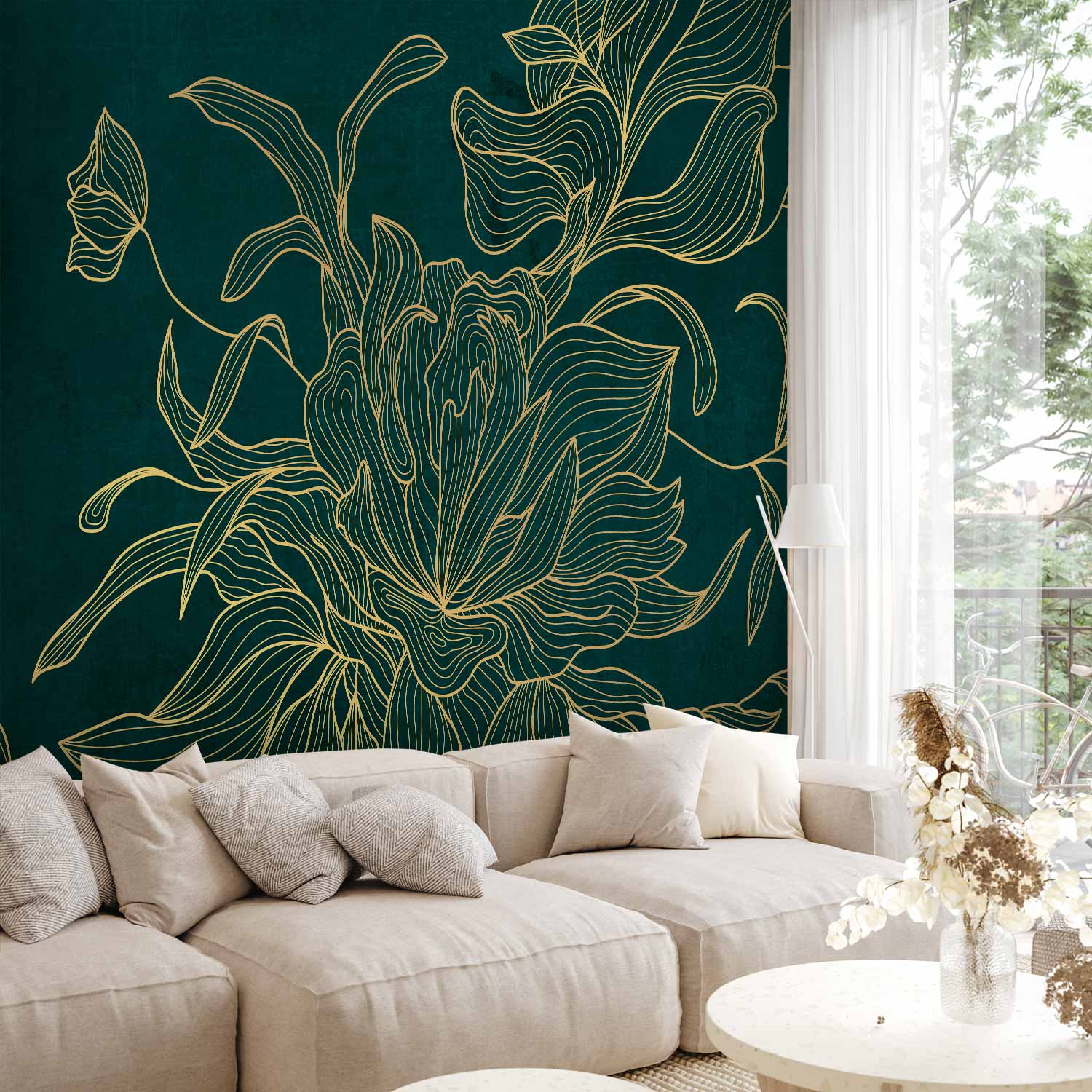 Premium Floral Wall Mural - Green Boudoir - Linear Drawing Of A Flower In Golden Colours On A Dark Background