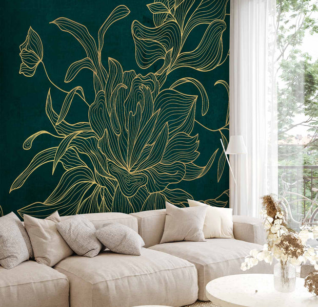 Premium Floral Wall Mural - Green Boudoir - Linear Drawing Of A Flower In Golden Colours On A Dark Background