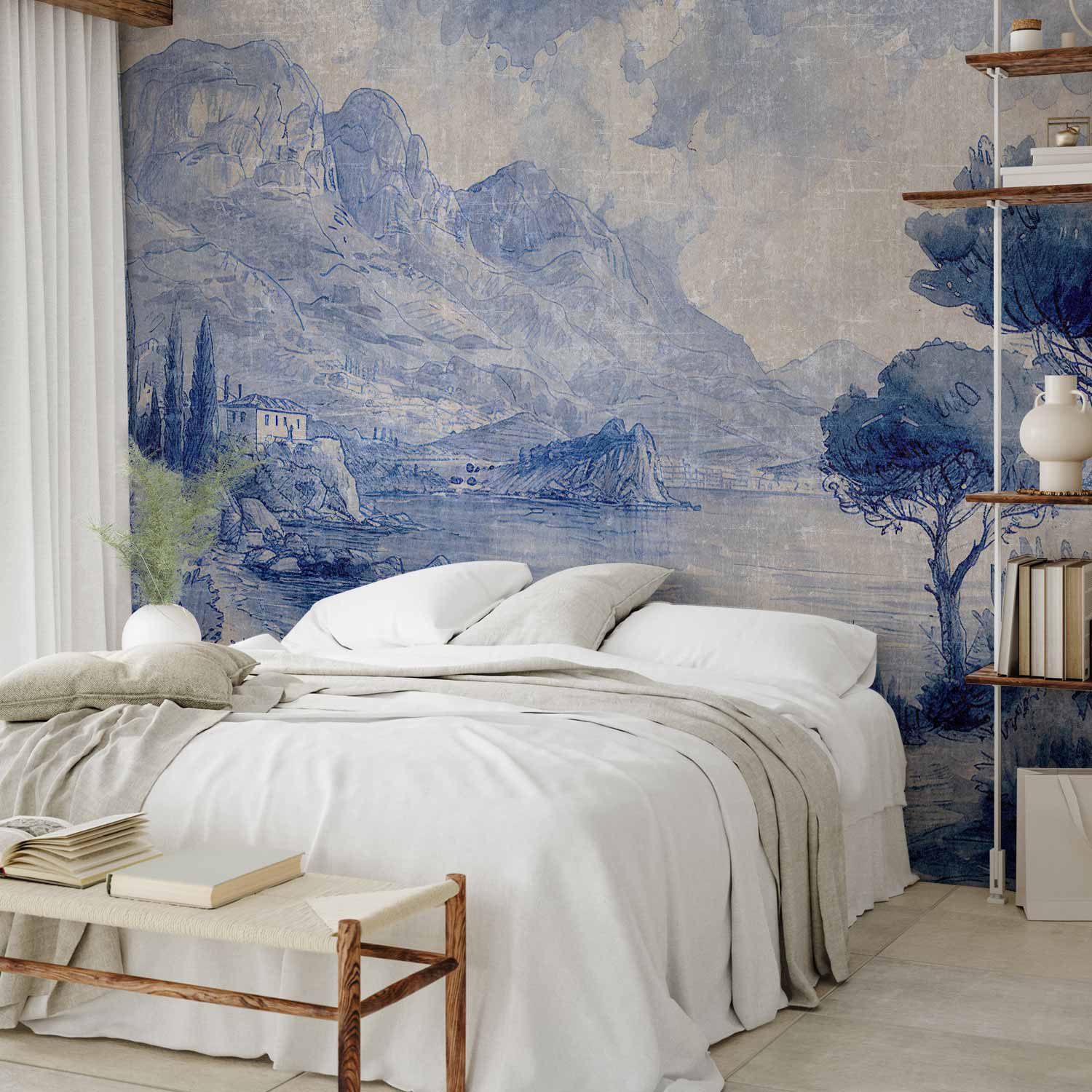 Premium Landscape Wall Mural - Blue Bay - Italian Landscape Of Lake Como Painted With Blue Ink