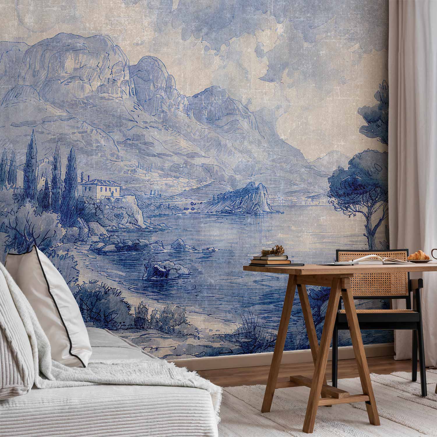 Premium Landscape Wall Mural - Blue Bay - Italian Landscape Of Lake Como Painted With Blue Ink