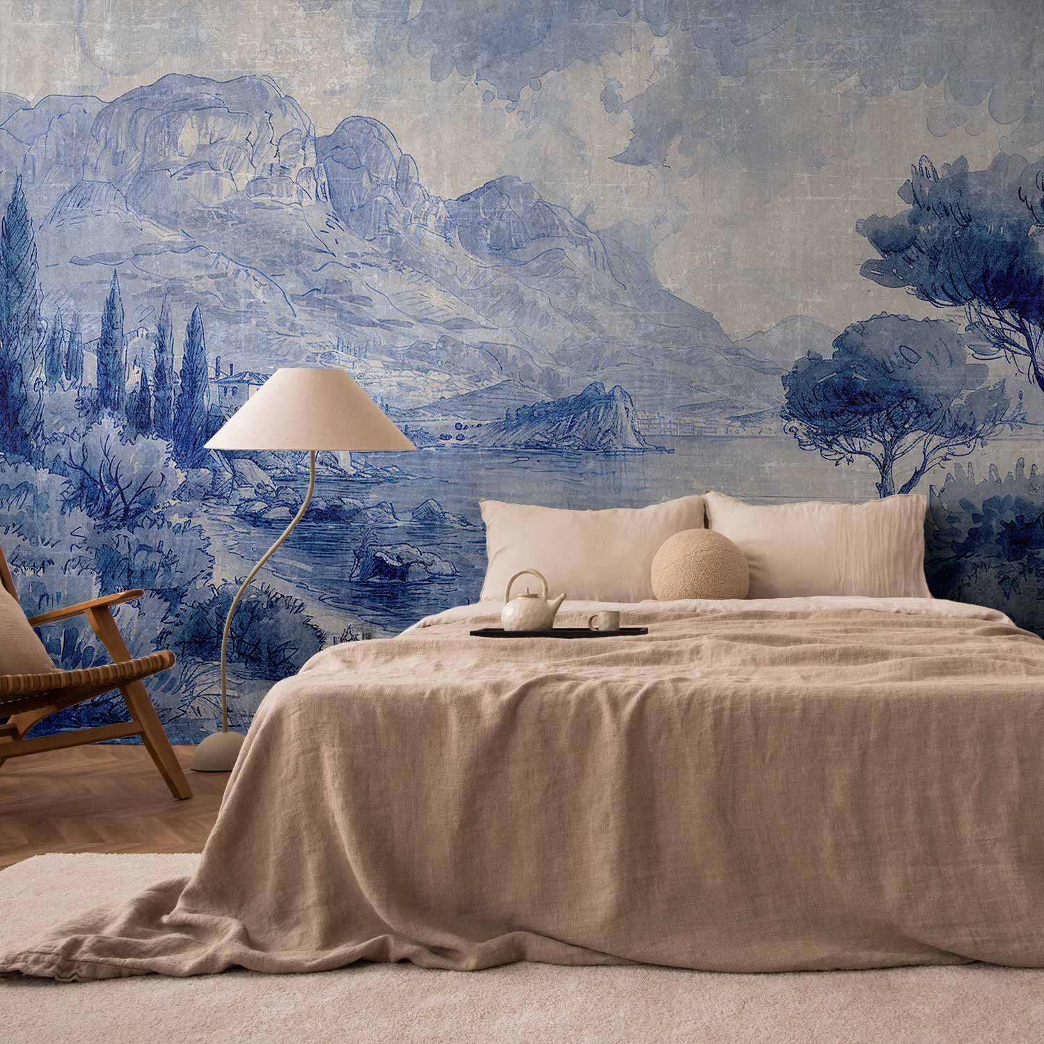 Premium Landscape Wall Mural - Blue Bay - Italian Landscape Of Lake Como Painted With Blue Ink