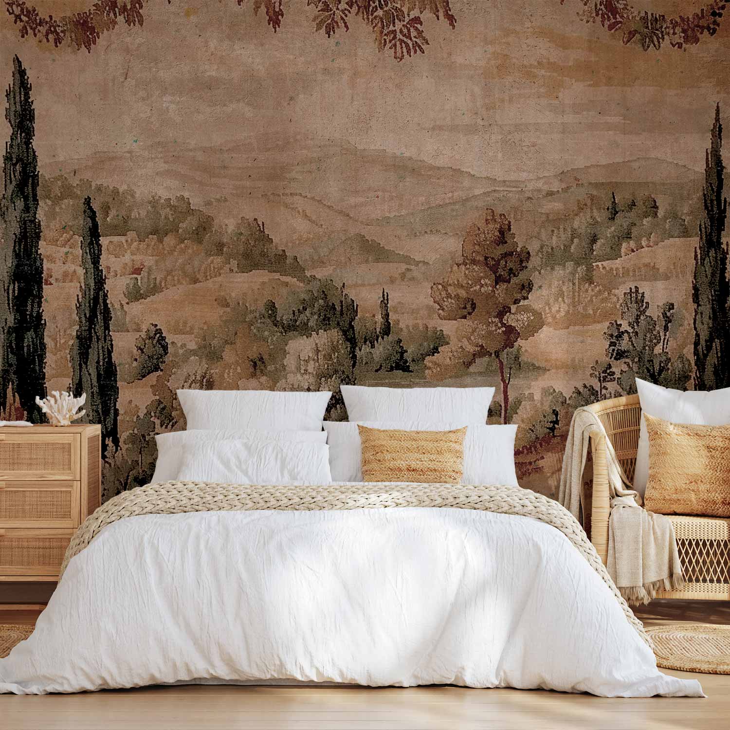 Premium Landscape Wall Mural - Mediterranean Landscape - Old Tapestry With A Hill And A Lake