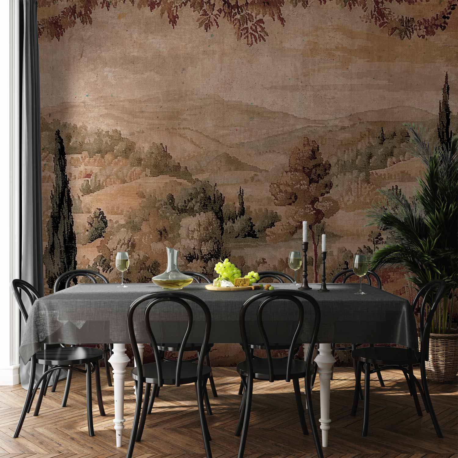 Premium Landscape Wall Mural - Mediterranean Landscape - Old Tapestry With A Hill And A Lake