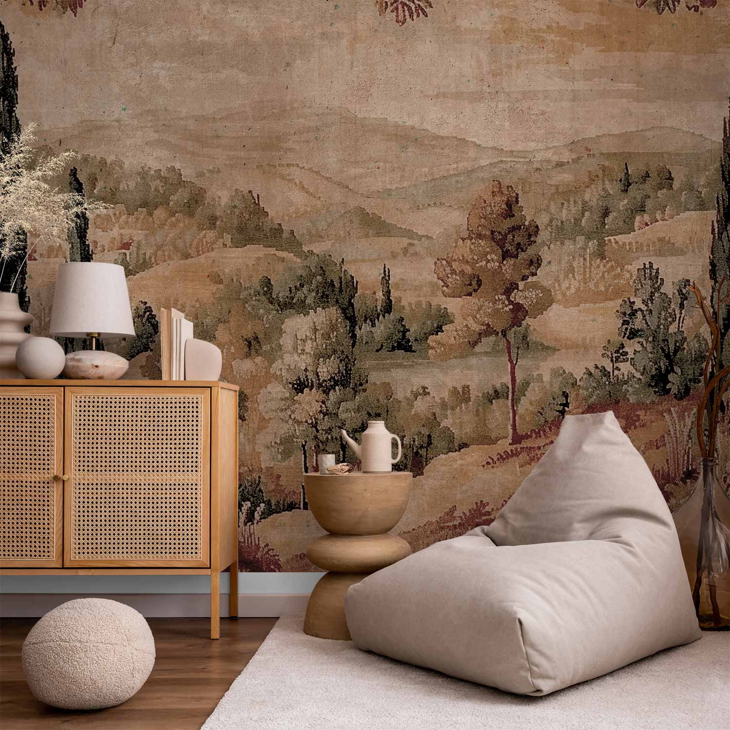 Premium Landscape Wall Mural - Mediterranean Landscape - Old Tapestry With A Hill And A Lake