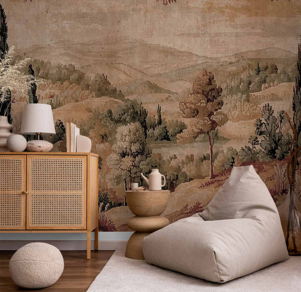 Premium Landscape Wall Mural - Mediterranean Landscape - Old Tapestry With A Hill And A Lake