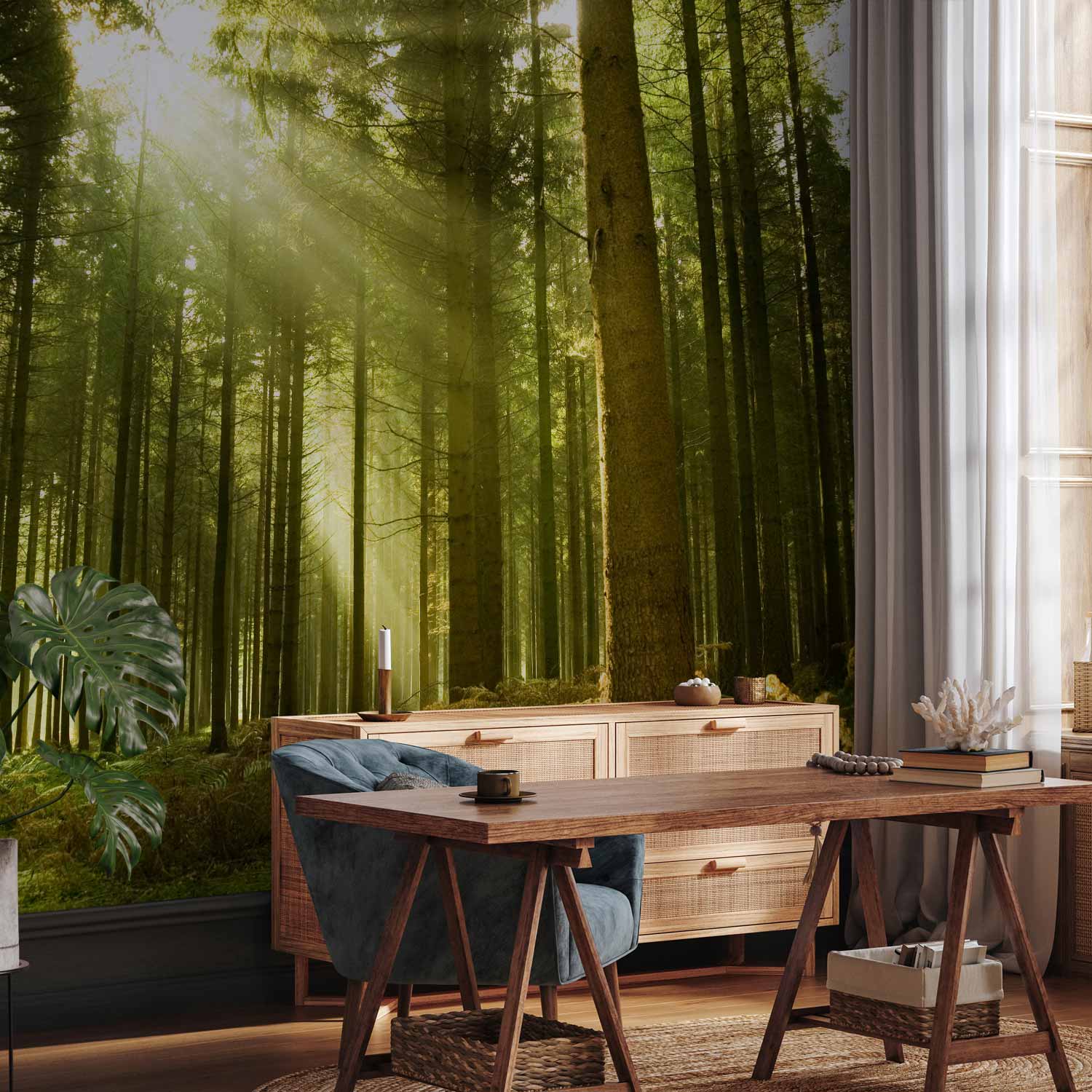 Premium Landscape Wall Mural - Pine Forest – Dense Woodland In Morning Sunlight