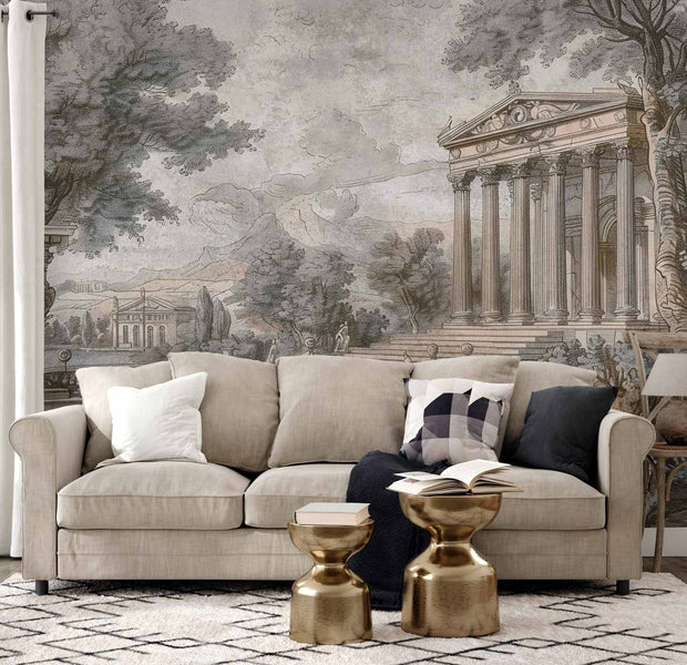 Premium Landscape Wall Mural - Temple On A Hill - Greek Architecture In Subdued Colours