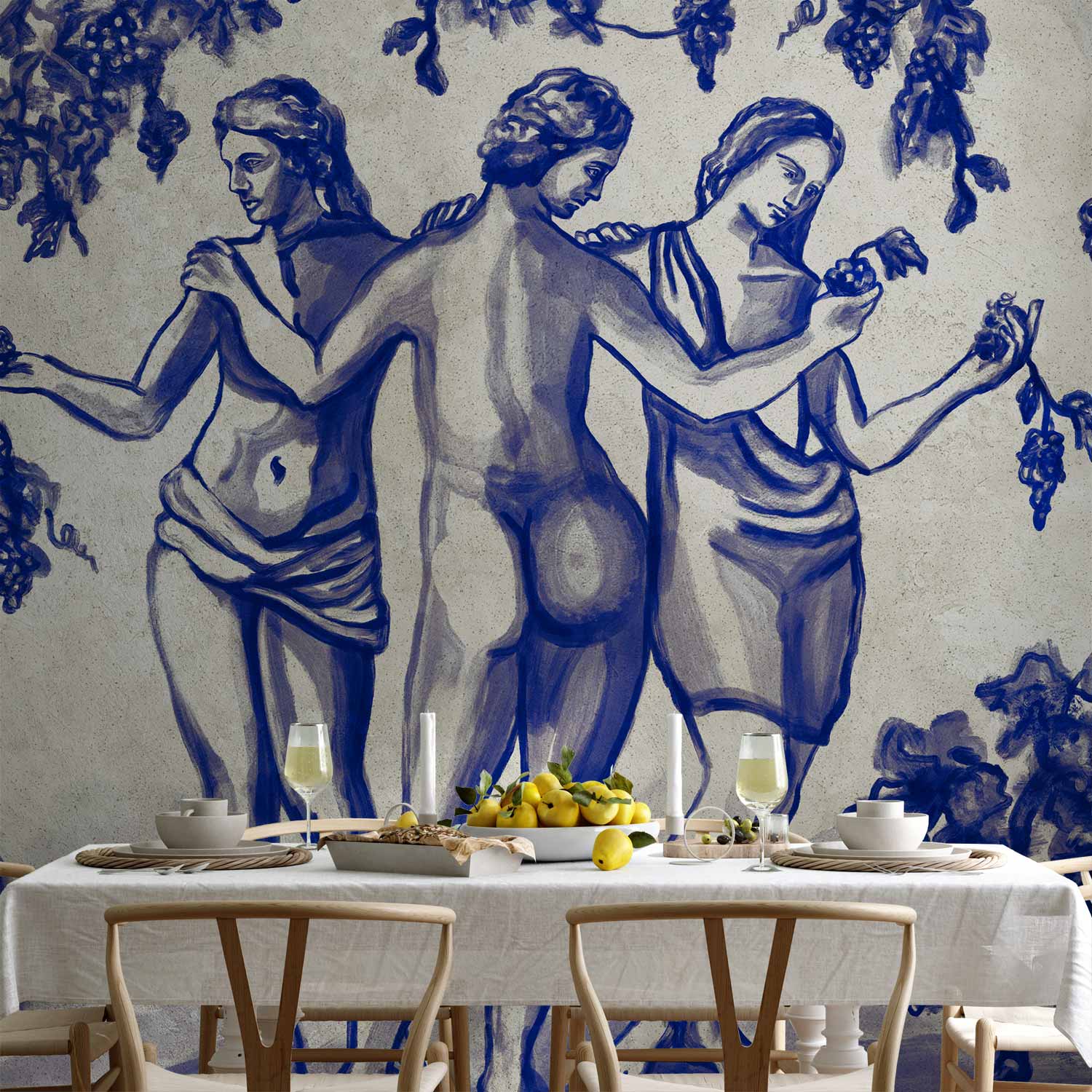 Premium Photo Wall Mural - Ancient Vineyard - Three Women In A Portal Painted With Blue Ink