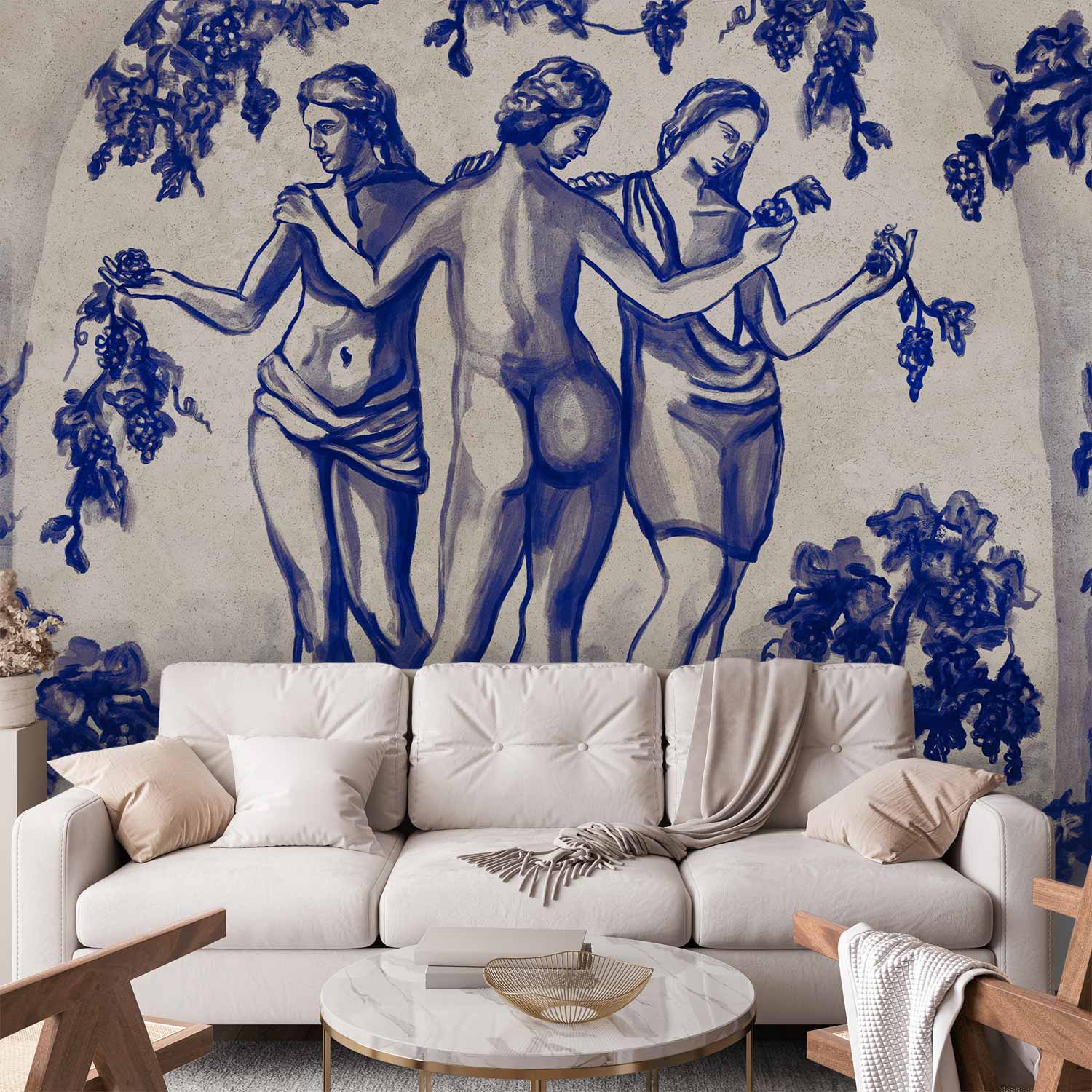 Premium Photo Wall Mural - Ancient Vineyard - Three Women In A Portal Painted With Blue Ink