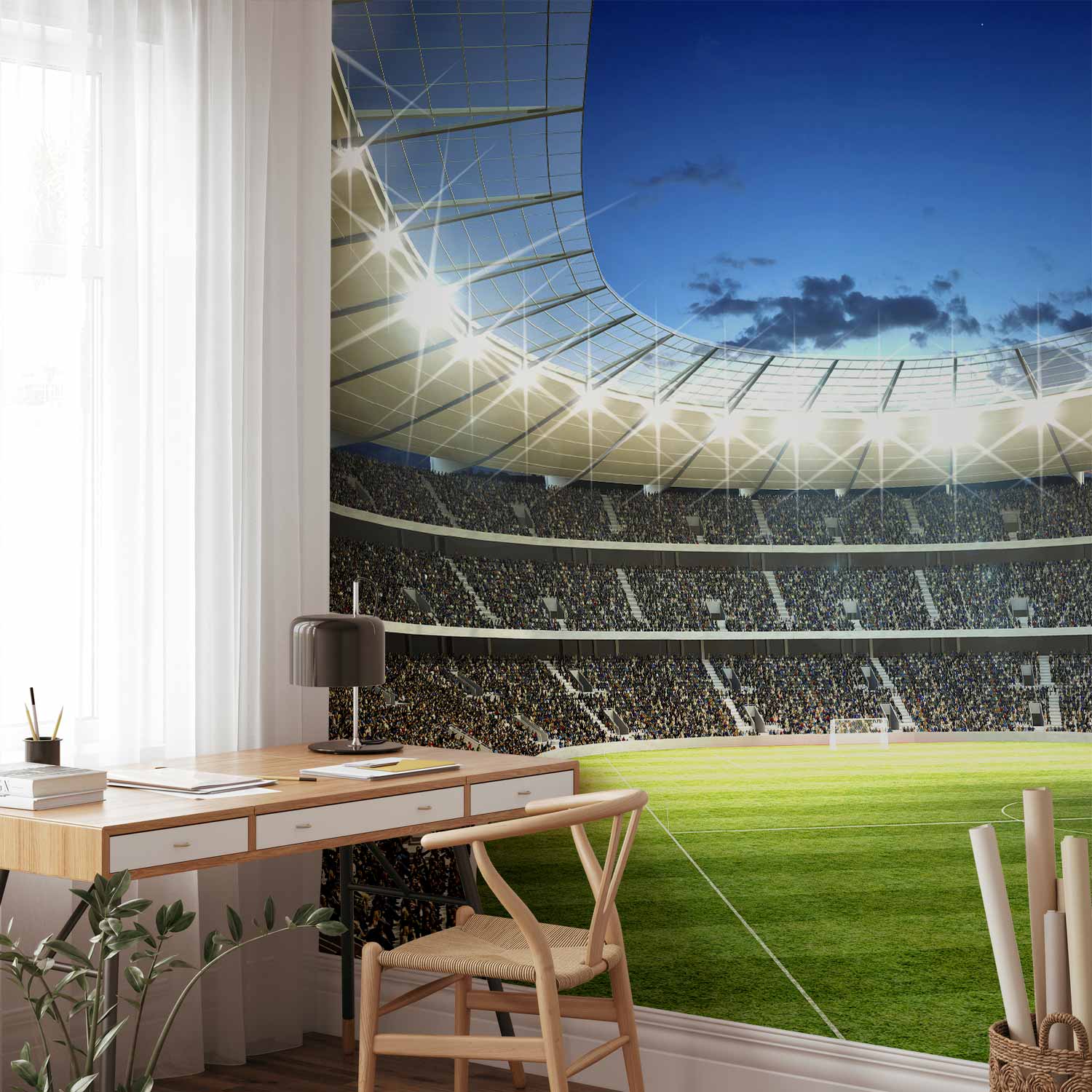 Premium Photo Wall Mural - Football Pitch - Illuminated Stadium With Crowded Stands