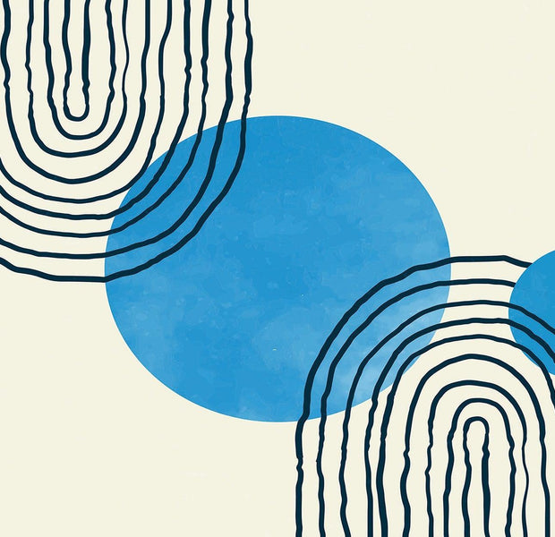 An abstract wall mural featuring blue circles intertwined with black line patterns on a beige background