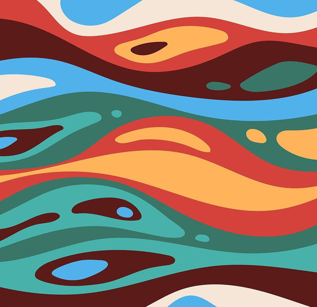 Vibrant abstract mural with wavy patterns and a mix of warm and cool colors on an interior wall.