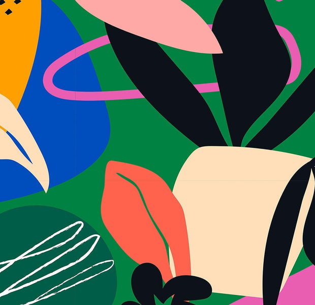 Abstract colorful floral mural on an indoor wall.