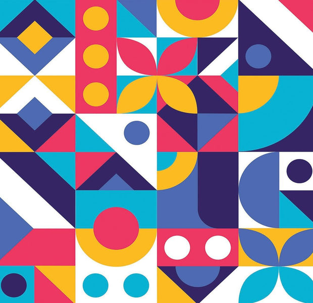 A vibrant wall mural featuring a geometric pattern with a variety of shapes and colors.