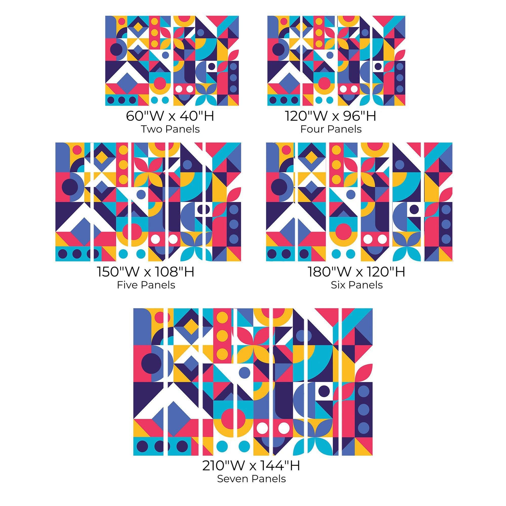 Various sizes of a colorful abstract geometric wall mural with dimensions labeled for each configuration