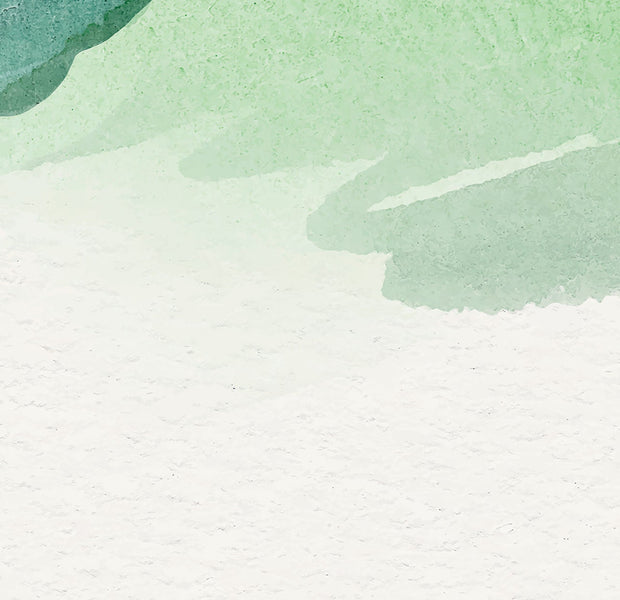 Abstract watercolor mural with a gradient of green and blue hues painted on an interior wall