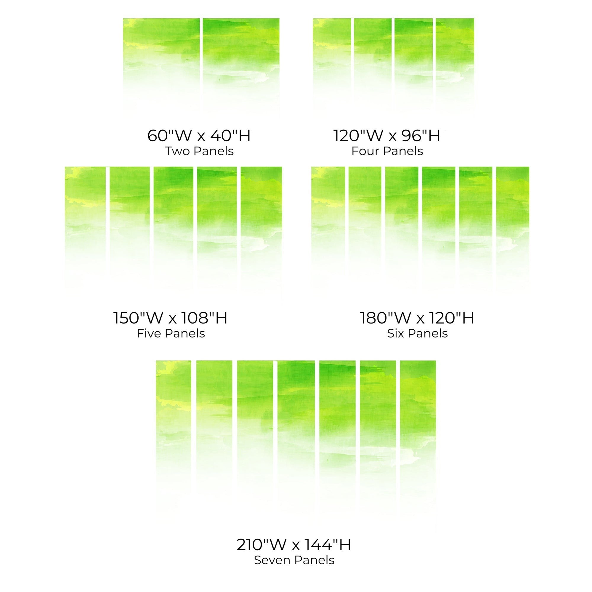 A range of green abstract wall murals displayed in various panel configurations from two to seven panels.