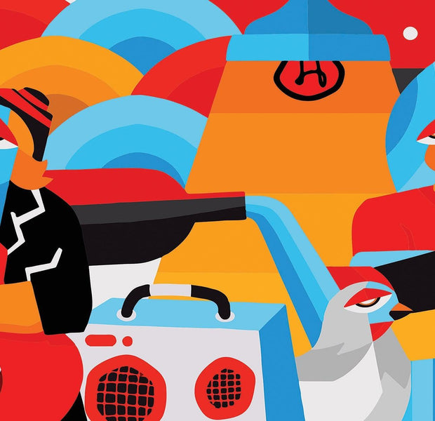 Vibrant abstract wall mural with stylized human figures and geometric shapes in a modern interior setting