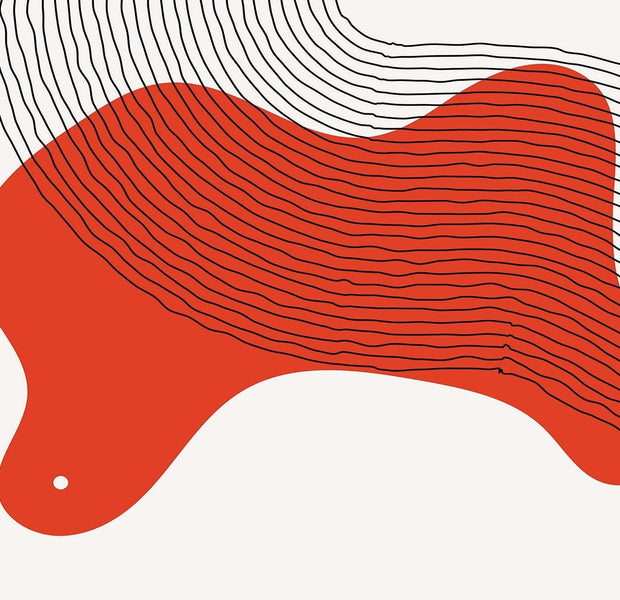 An abstraction of a red and black wave pattern mural painted on a wall