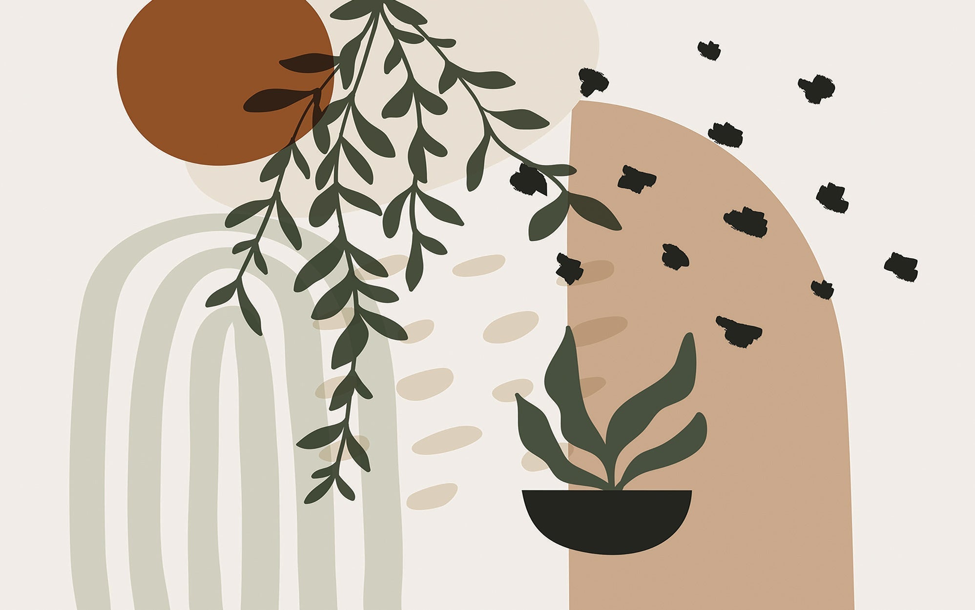 Abstract wall mural with plant motifs and geometric shapes in a modern interior