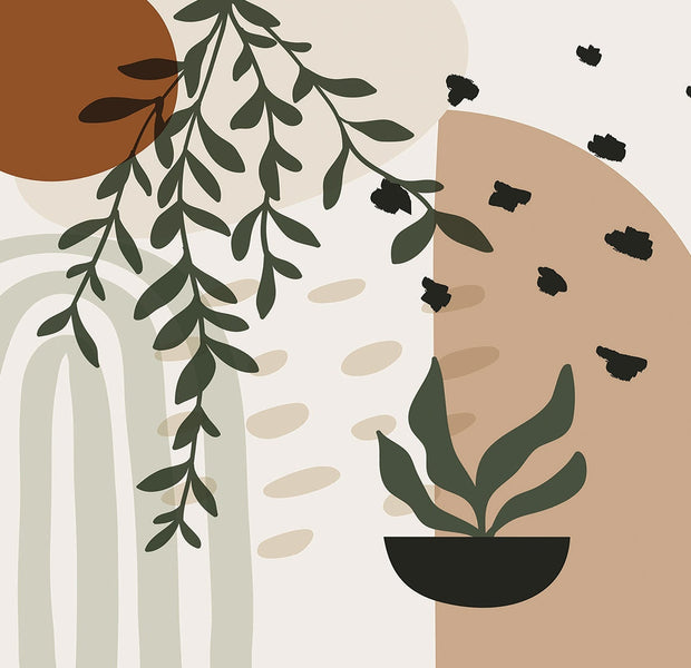 Abstract wall mural with plant motifs and geometric shapes in a modern interior