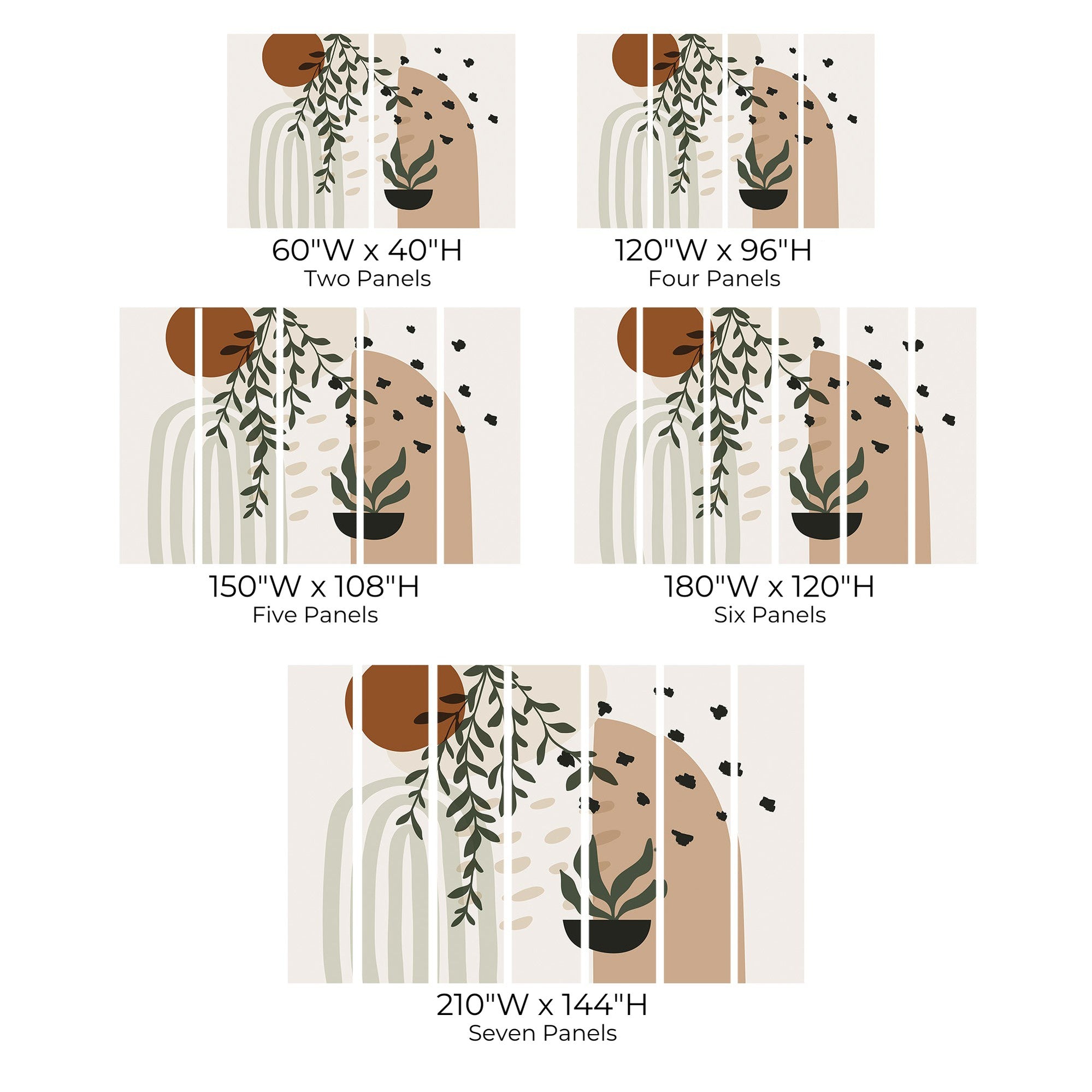 Variety of wall mural sizes with abstract nature design including leaves and geometric shapes.