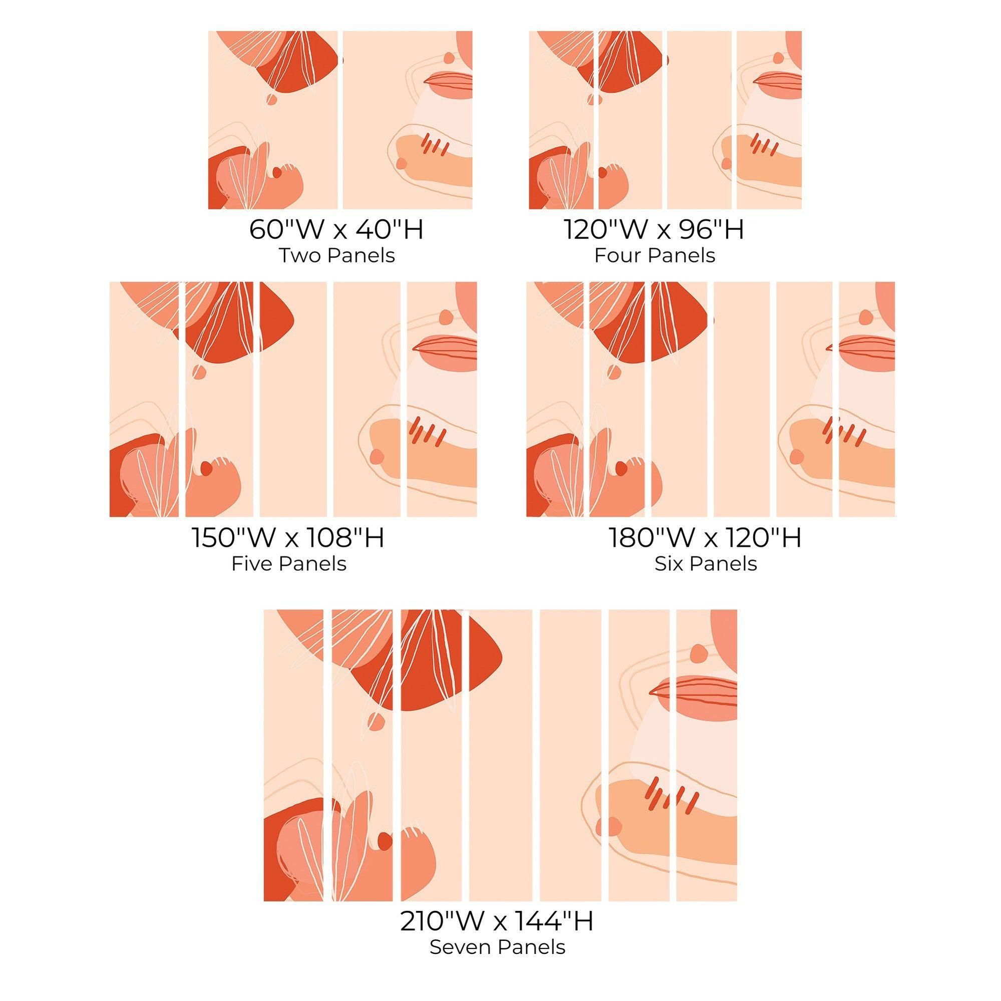 Various size options for a wall mural with abstract leaf design displayed over seven panels.