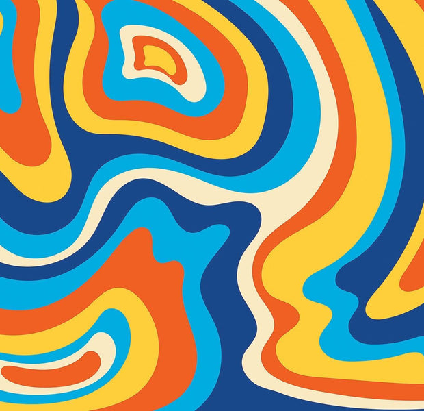 Colorful abstract mural painted on an interior wall featuring wavy patterns in shades of blue, yellow, and red.