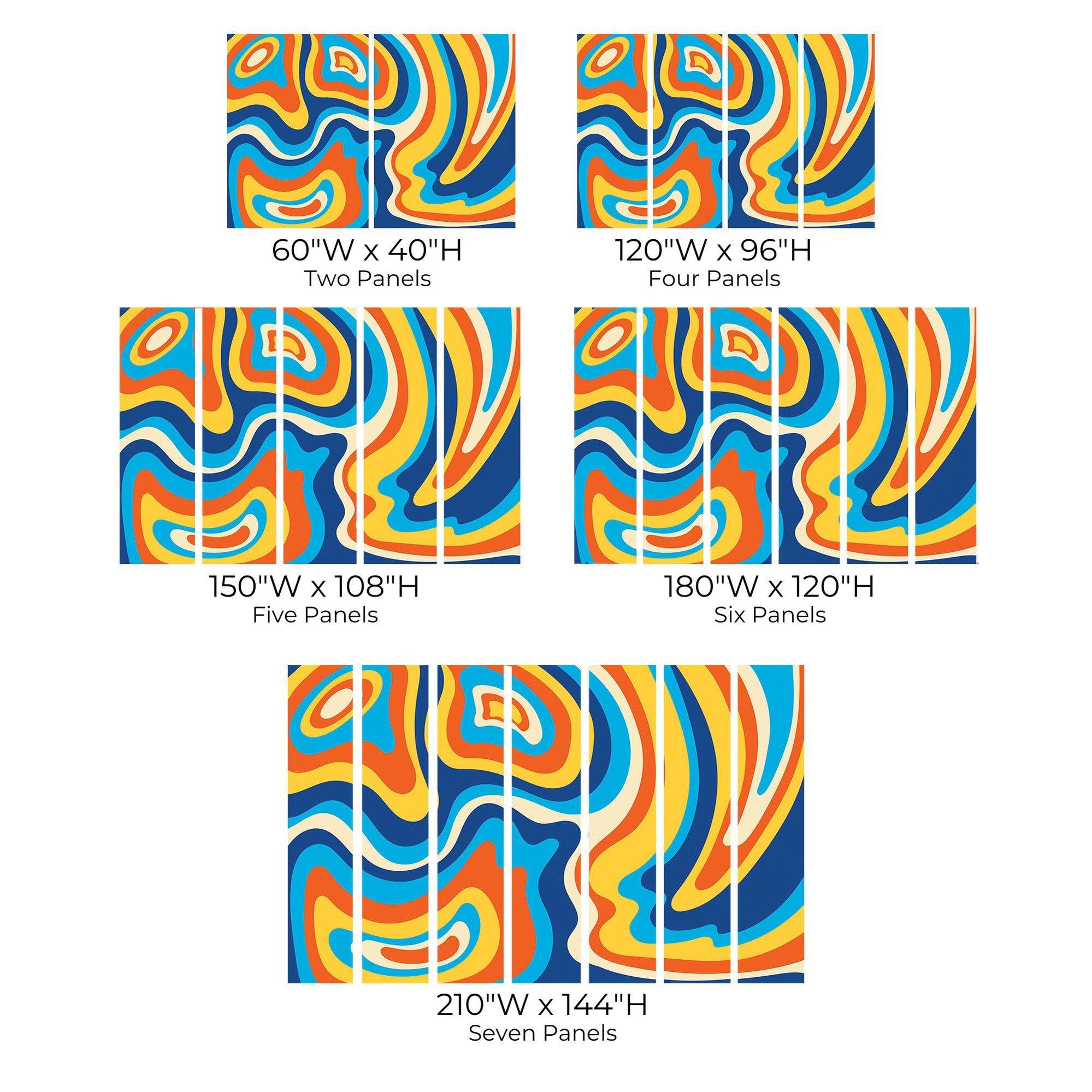 Various sized panels of a wall mural with abstract wavy blue, orange, and red design.