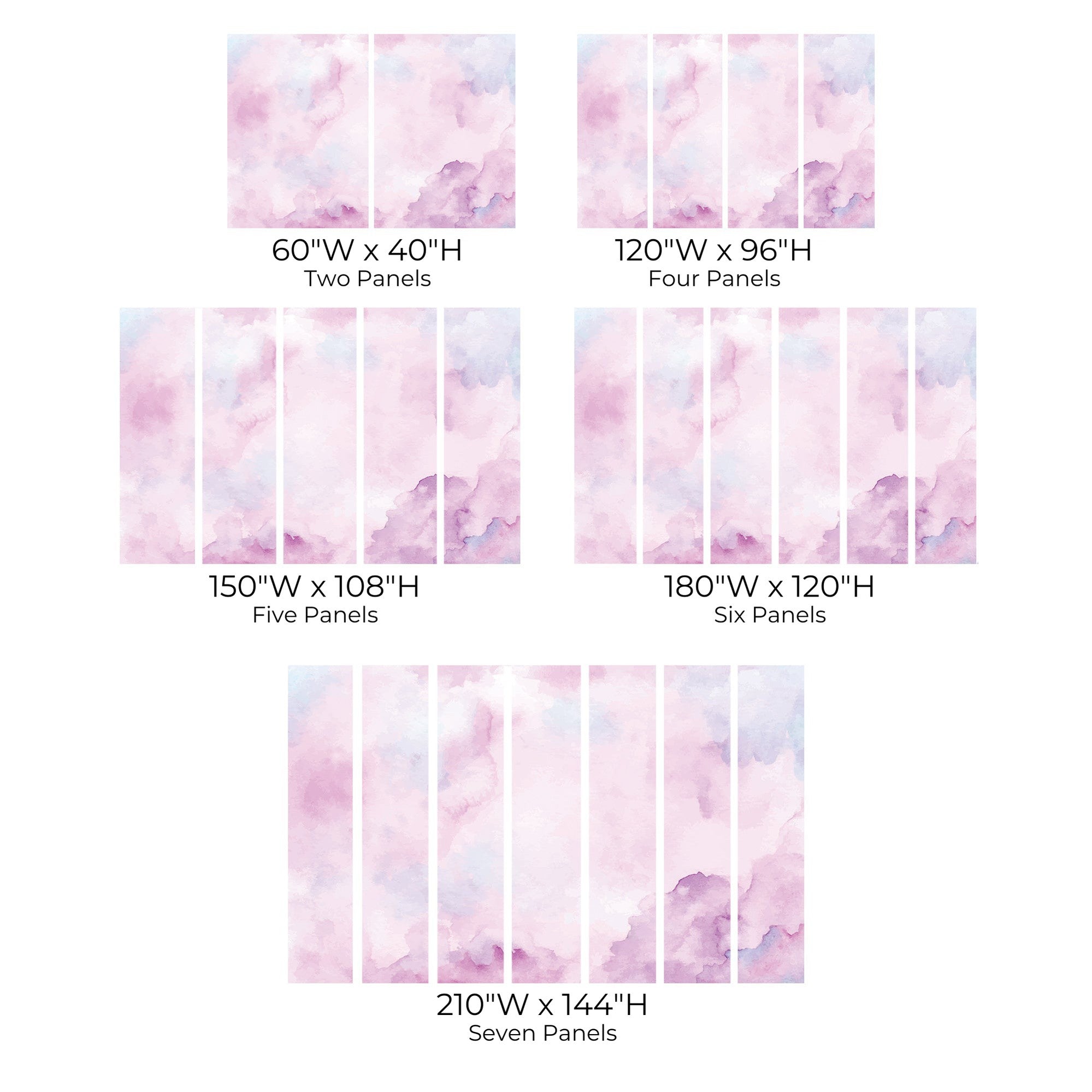 Various size options of a pink and purple abstract watercolor wall mural on display