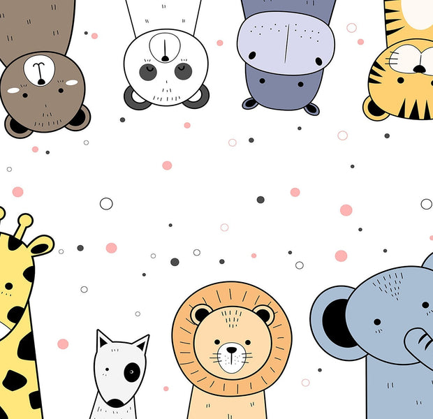 Colorful children's wall mural featuring cartoon animals like a giraffe, cat, lion, and elephant.