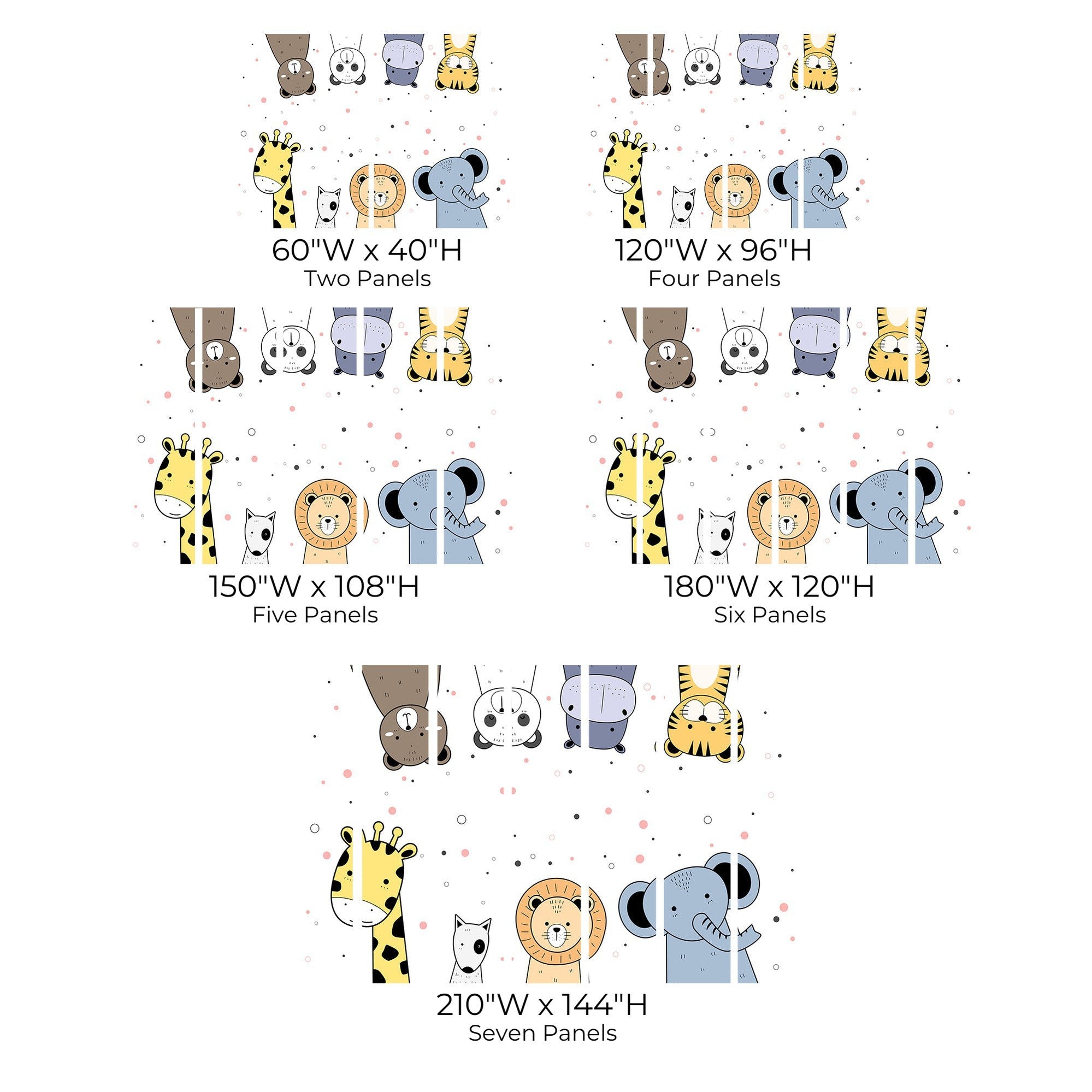 Chart showing different sizes of a cute animal wall mural for children's room interior decoration.