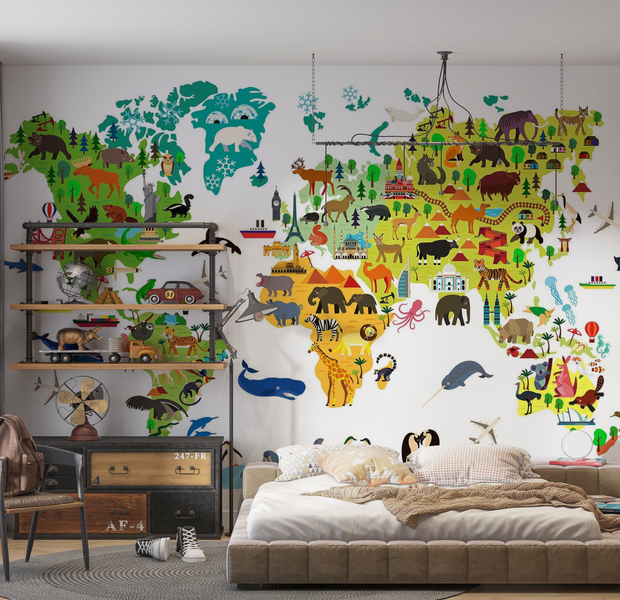 Premium Wallpaper Wall Mural - Animal World Map 60"Wx40"H / Non-Woven Fleece