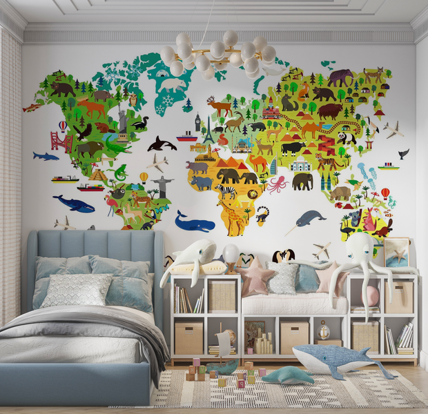 Premium Wallpaper Wall Mural - Animal World Map 60"Wx40"H / Non-Woven Fleece