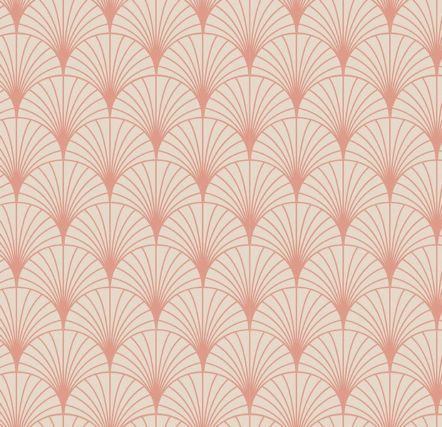 Elegant art deco style wallpaper with geometric fan pattern in a soft color palette