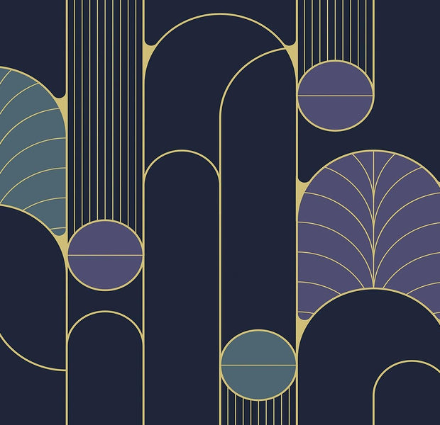 Elegant Art Deco style wall mural with geometric patterns and gold lines on a dark blue background