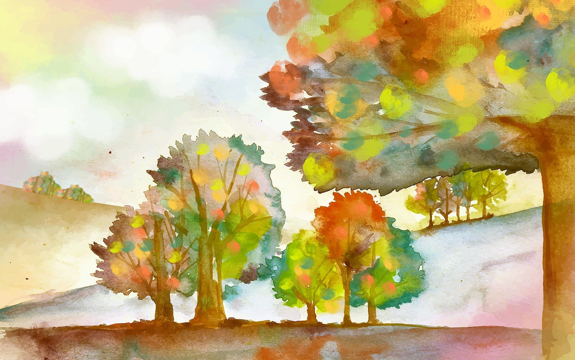 Premium Peel & Stick Wall Mural - Autumn Watercolor Landscape