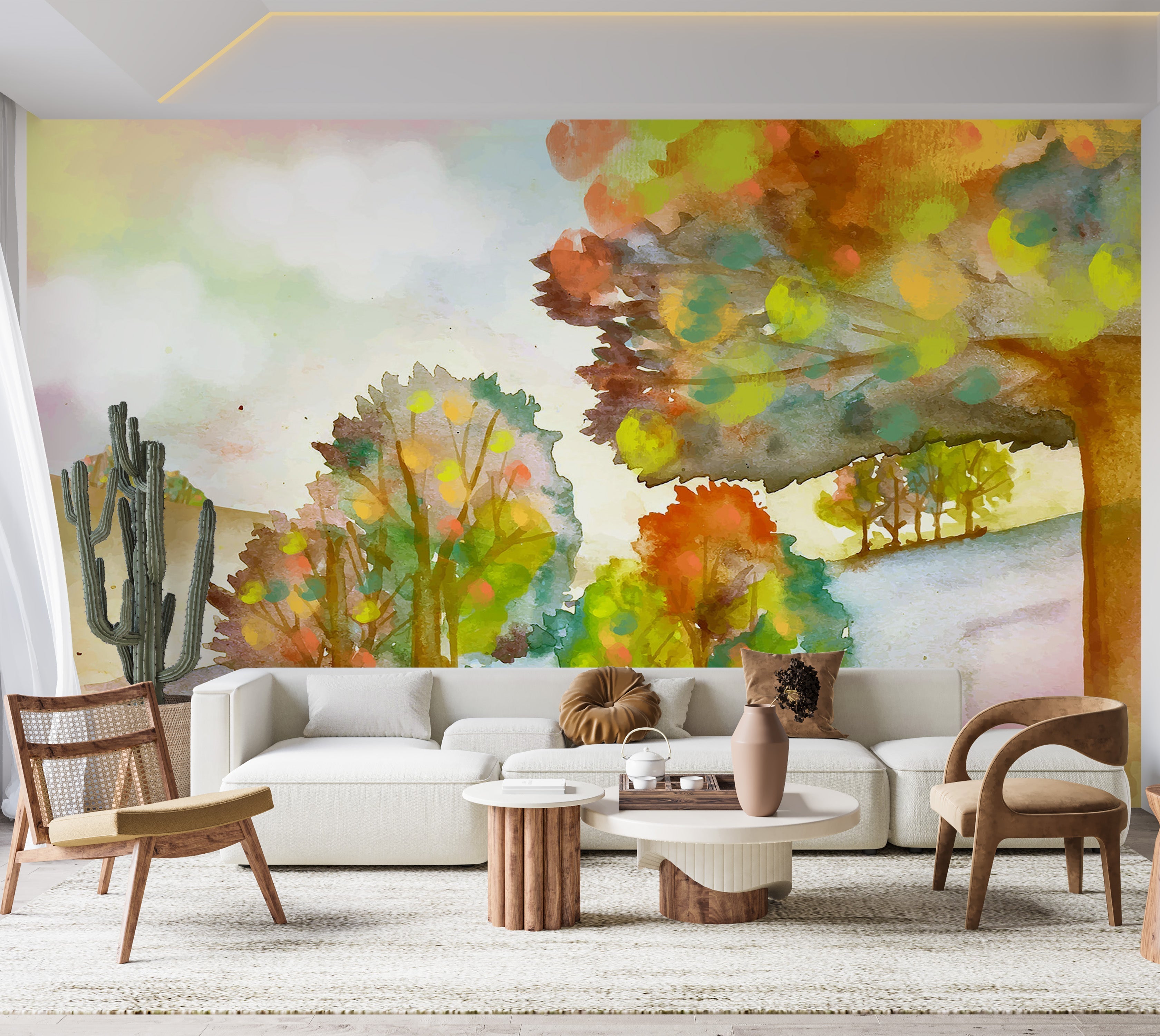 Premium Peel & Stick Wall Mural - Autumn Watercolor Landscape