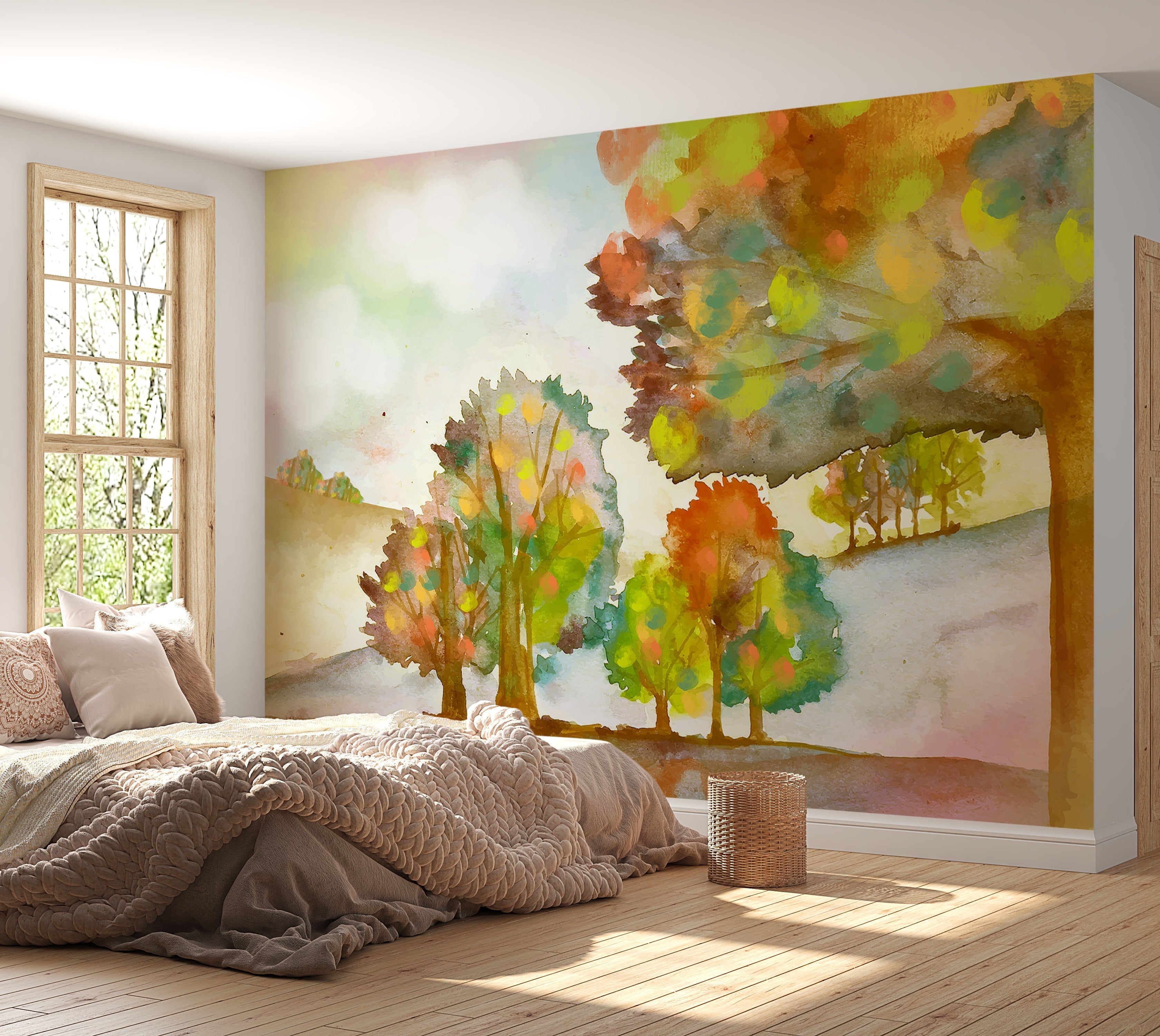 Premium Peel & Stick Wall Mural - Autumn Watercolor Landscape