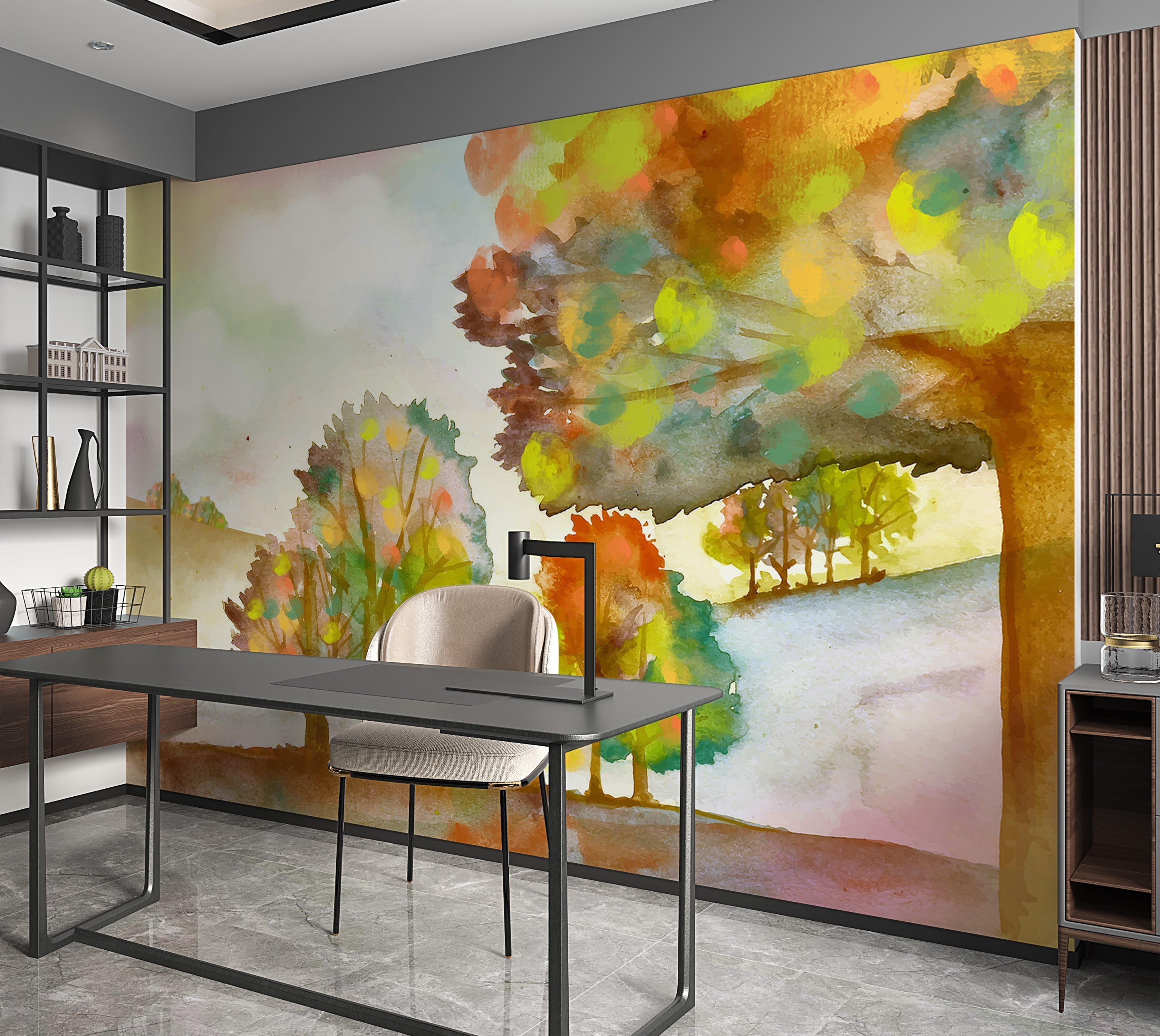 Premium Peel & Stick Wall Mural - Autumn Watercolor Landscape